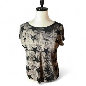 Y2K Skinny Minnie Womens Star Print T Shirt Top Black Tan Casual Short Sleeve S‎
